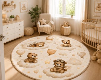 Tapis rond ourson en peluche pour chambre d'enfant, tapis neutre pour chambre de bébé, tapis pour salle de jeux d'enfants