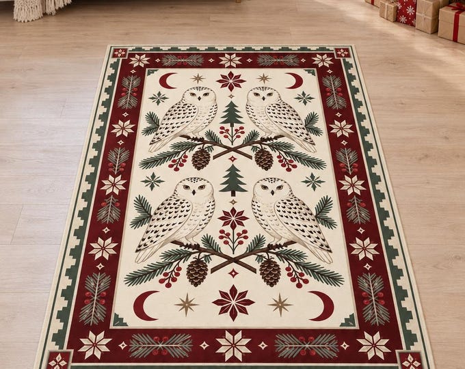 Snowy Owl Christmas Rug with Burgundy Moon Details, Digitally Printed Festive Living Room Decor
