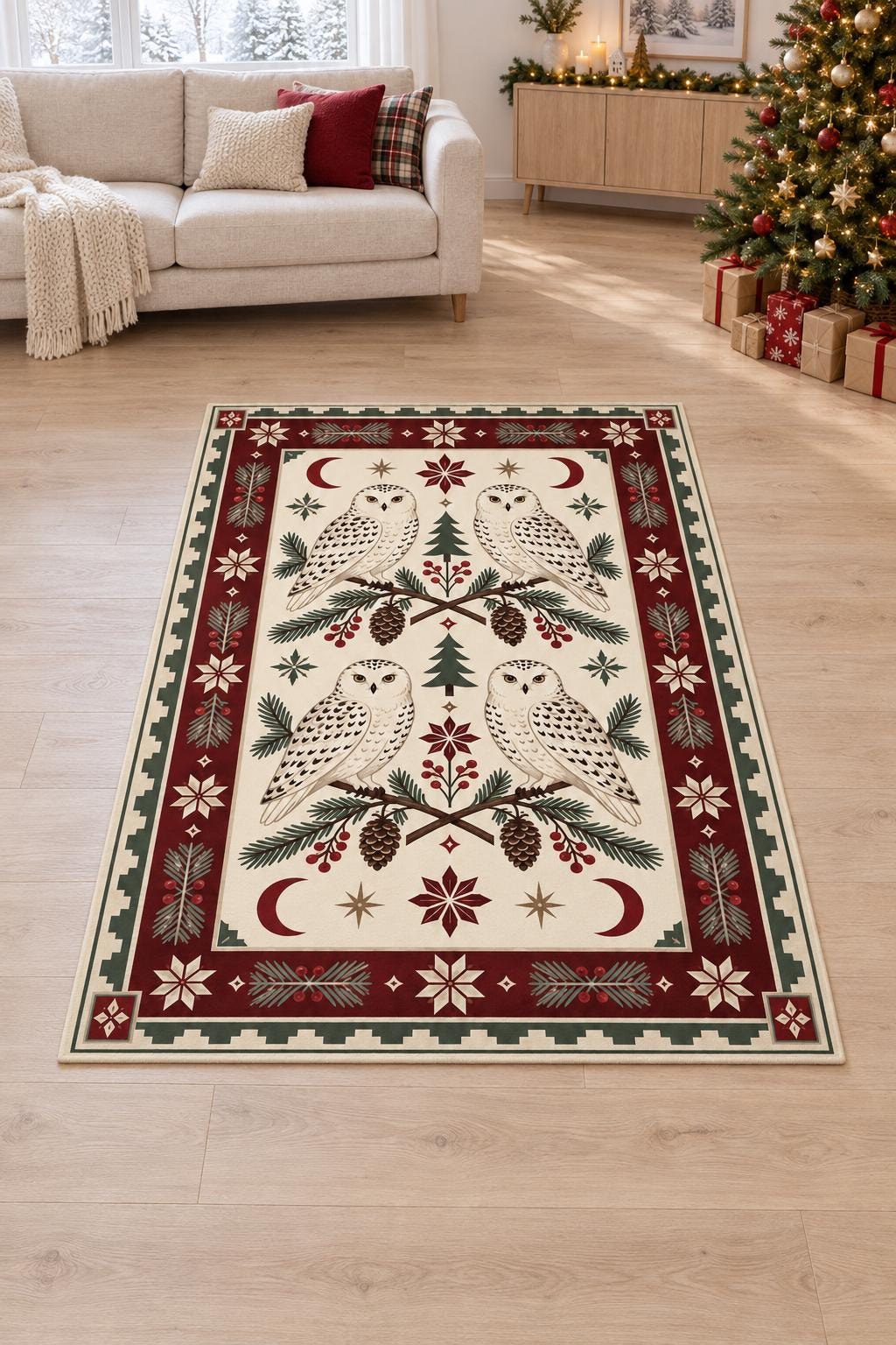 Snowy Owl Christmas Rug with Burgundy Moon Details, Digitally Printed Festive Living Room Decor