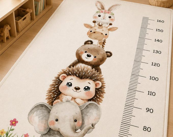 Watercolor Animal Height Chart Rug: Elephant, Hedgehog, Bear, Giraffe, Bunny Nursery Decor