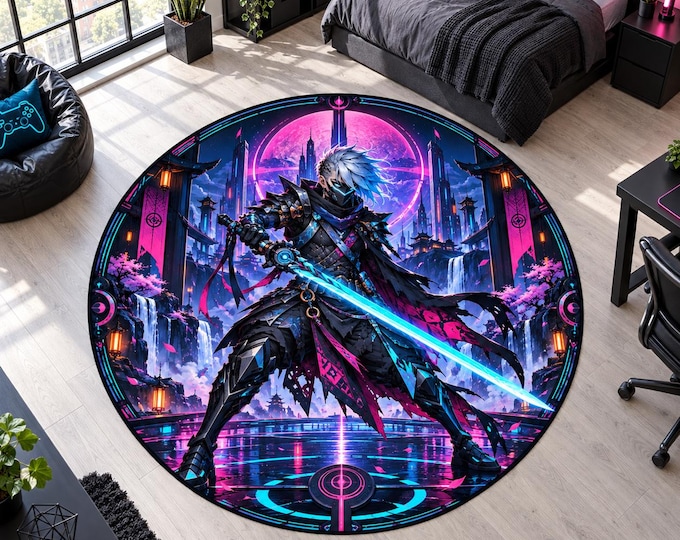 Cyber Warrior Rug, Washable Round Rug, Neon Decor for Teen Bedroom and Gaming Room