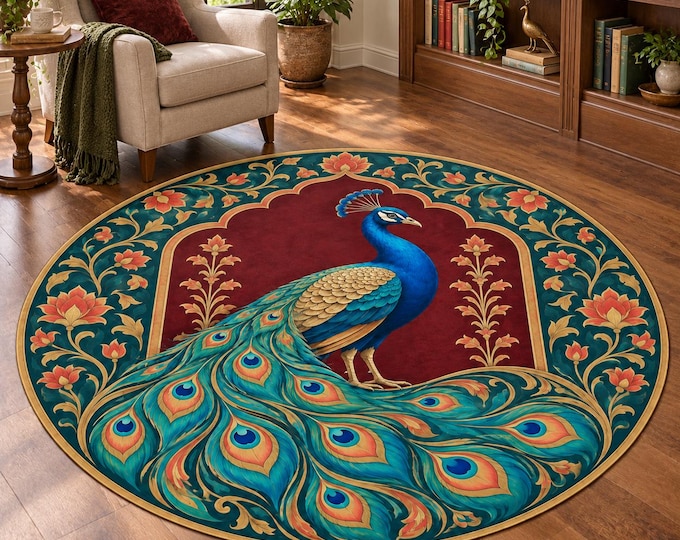 Blue Peacock Burgundy Garden Round Rug, Digital Print, Living Room Decor, Decorative Floor Accent