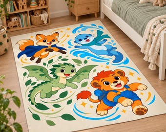 Kids Animal Rug, Rectangular Nursery Carpet, Fox, Otter, Dragon and Lion, Colorful Playroom Decor