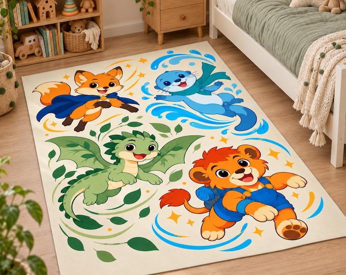 Kids Animal Rug, Rectangular Nursery Carpet, Fox, Otter, Dragon and Lion, Colorful Playroom Decor