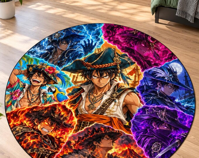 Elemental Pirate Rug, Seven Mood Adventure Collage, Washable Gaming Room Carpet (Round)