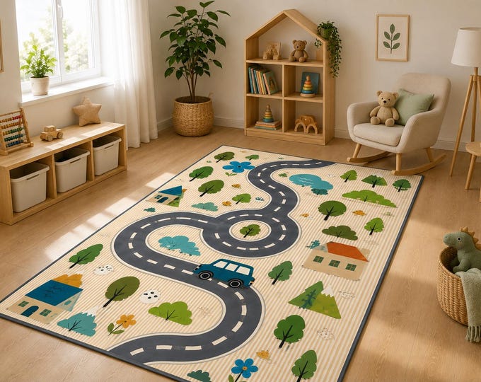 Kids Road Play Rug, Washable Car Track Carpet, Woodland Traffic Mat for Playroom Nursery