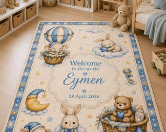 Personalized Nursery Rug: Custom Name, Birth Date, Dreamy Animals (Digital Print)