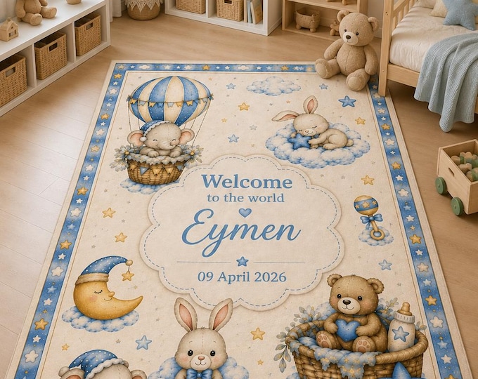 Personalized Nursery Rug: Custom Name, Birth Date, Dreamy Animals (Digital Print)