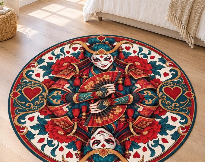 Round Jester Rug, Japanese Inspired Carpet, Playing Card Design, Floral Eclectic Home Decor Accent