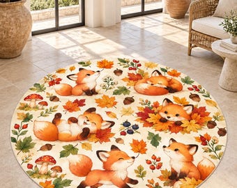 Fox Round Rug, Autumn Leaf Decor, Woodland Carpet, Digital Print, Cozy Nursery, Bedroom Accent