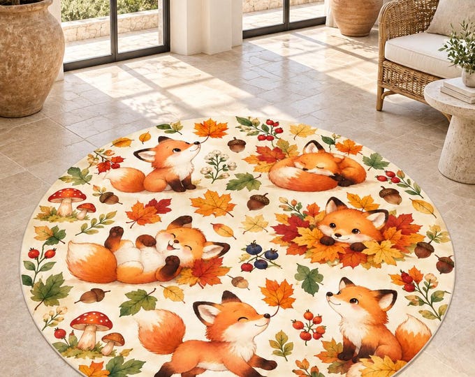 Fox Round Rug, Autumn Leaf Decor, Woodland Carpet, Digital Print, Cozy Nursery, Bedroom Accent