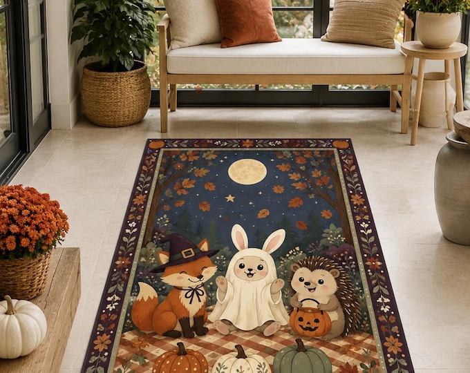 Halloween Woodland Picnic Rug, Ghost Bunny, Witch, Hedgehog, Pumpkins (Digital Print)