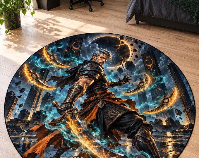 Eclipse Blade Fighter Warrior Rug, Fantasy Gaming Room Carpet, Washable Floor Decor