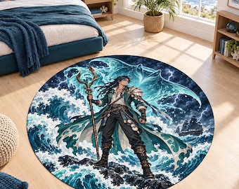 Ocean Mage Rug, Washable Round Rug, Coastal Decor for Teen Bedroom and Game Room