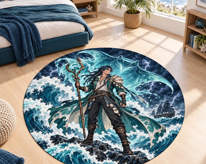 Ocean Mage Rug, Washable Round Rug, Coastal Decor for Teen Bedroom and Game Room