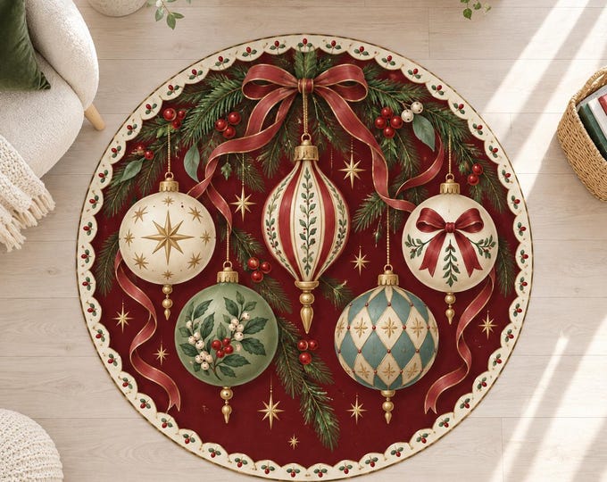 Ornament Rug, Round Burgundy Red Digital Print with Decorative Baubles for Festive Living Rooms