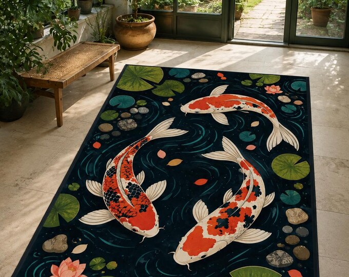 Koi Fish Pond Rug, Japanese Zen Decor, Lily Pad Design (Digital Print)