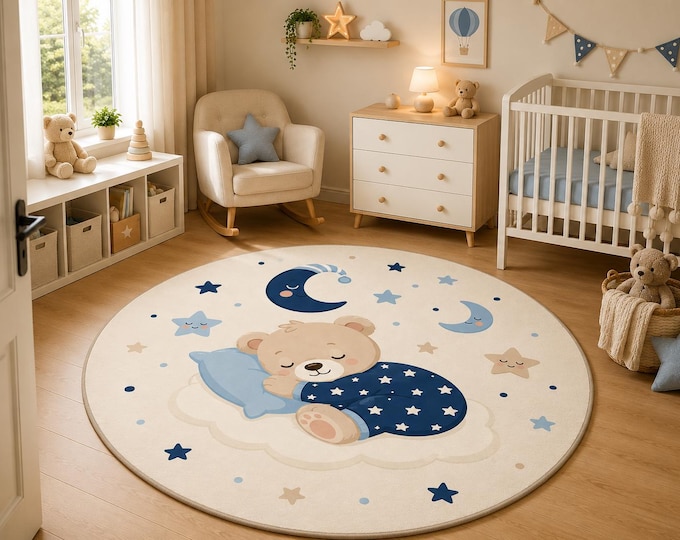 Sleeping Bear Moon Stars Round Rug, Celestial Baby Nursery Carpet (40x60cm)