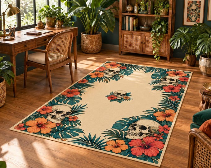 Tropical Skull Rug, Coral Hibiscus Flowers, Teal Palm Leaves, Boho Gothic Living Room Accent