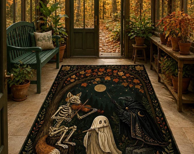 Skeleton Ghost Rug, Woodland Halloween, Autumn Forest Decor, Spooky Reading Art, Pumpkin Floor Accent