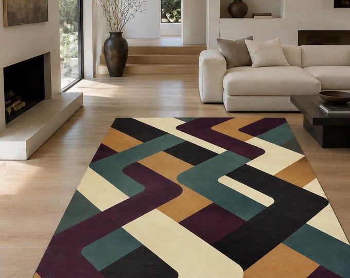 Modern Mosaic Area Rug, Blue Green Beige Geometry, Abstract Living Room Floor Decor
