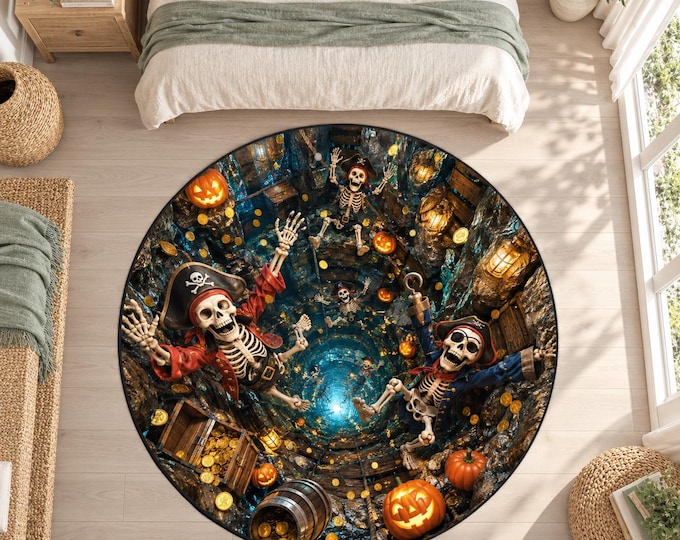 Pirate Treasure Rug, Round Digitally Printed Carpet, Skeleton Adventure with Coins and Pumpkins