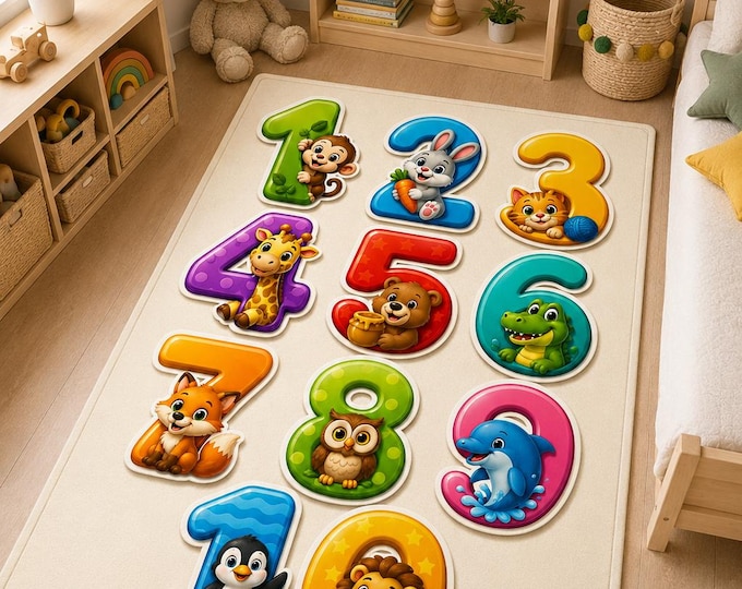 Safari Animal Number Rug: Watercolor Animals, Nursery Playroom Decor