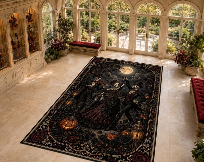 Skeleton Dance Rug, Gothic Violin Rose Carpet for Living Room Halloween Victorian Home Decor