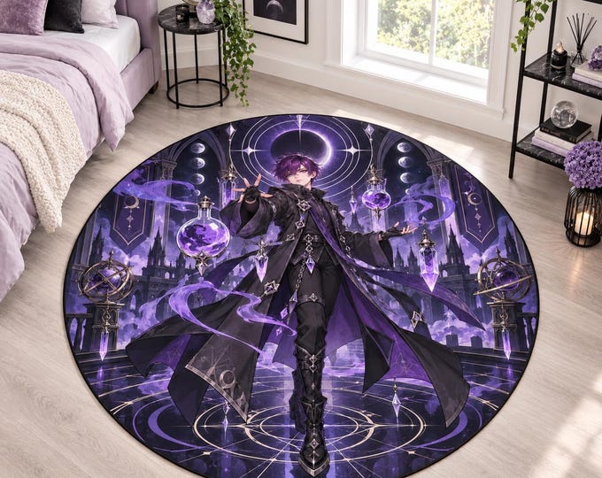 Shadow Mage Rug, Washable Round Rug, Purple Decor for Teen Bedroom and Reading Room