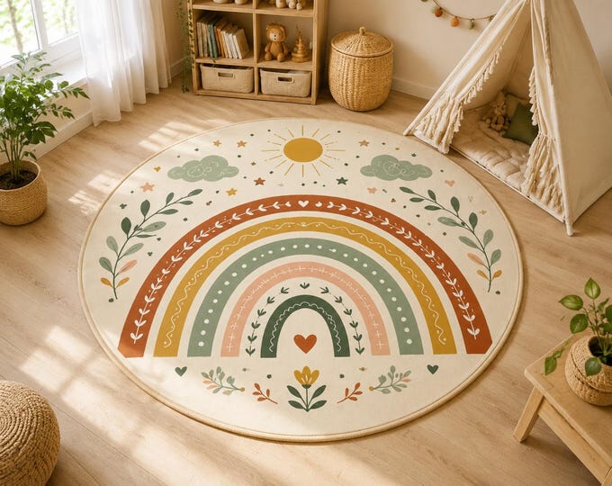 Rainbow Nursery Rug, Floral Carpet, Kids Room Decor, Washable Playroom Floor Mat, Baby Gift