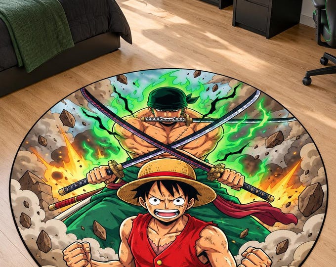 Pirate Battle Rug, Pirate and Swordsman Duo, Washable Gaming Room Carpet, Colorful Teen Bedroom Floor Decor