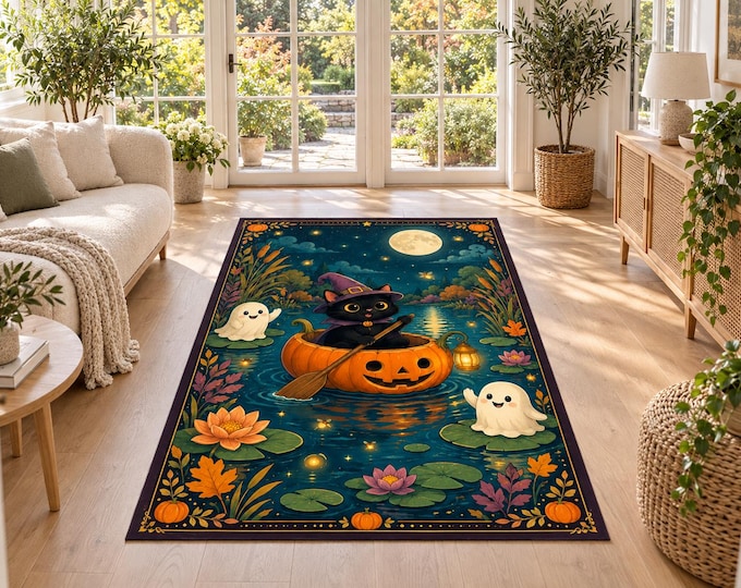 Halloween Cat Witch Pumpkin Boat Rug, Ghosts, Fireflies, Autumn Nursery Decor