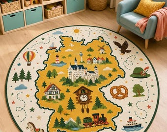 Germany Map Rug,Round Kids Carpet,Montessori Nursery,Educational Playroom,Castle Bedroom Decor