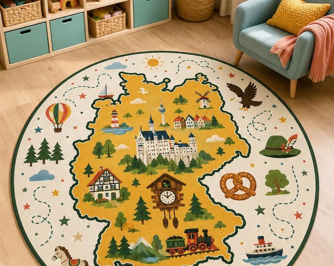 Germany Map Rug,Round Kids Carpet,Montessori Nursery,Educational Playroom,Castle Bedroom Decor