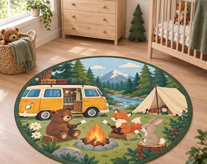 Woodland Camping Rug, Round Forest Nursery Carpet, Washable Kids Decor