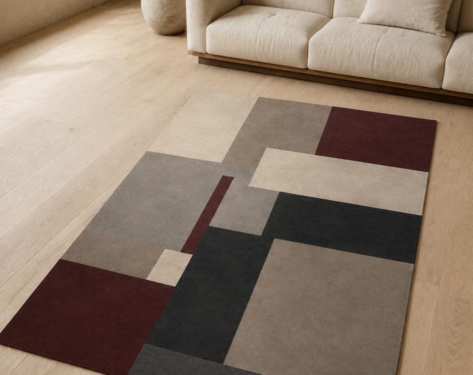 Modern Color Block Area Rug, Burgundy Black Beige Geometry, Minimalist Living Room Office Decor
