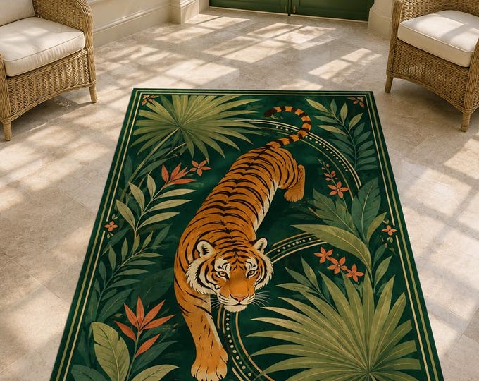 Tiger Rug, Bengal Wildlife, Botanical Jungle, Tropical Leaves, Green Area Carpet, Living Room Decor