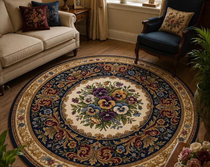Vintage Floral Round Rug – Navy Gold Pansy Bouquet, Microfiber Home Decor