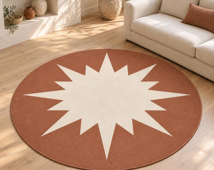 Terracotta Round Rug, Cream Starburst Design, Digitally Printed Boho Area Carpet for Living Room