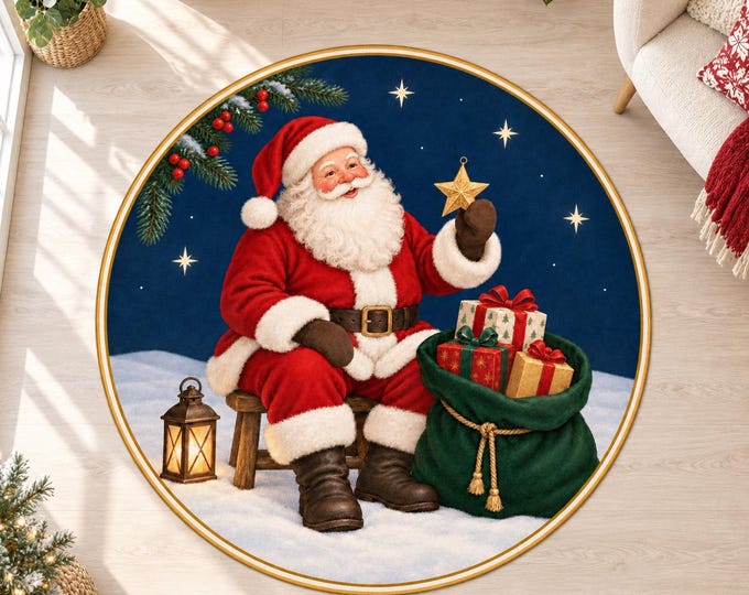 Santa Rug, Round Midnight Blue Digital Print with Gift Sack for Festive Living Rooms