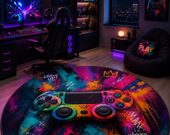 Gaming Controller Rug, Round Gamer Room Decor, Neon Graffiti Carpet, Colorful Video Game Mat