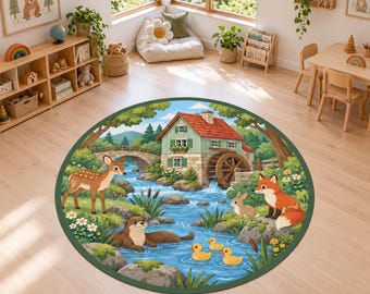 Watermill Nursery Rug, Round Woodland Carpet, Washable Kids Room Decor