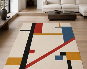 Bauhaus Geometric Area Rug, Red Blue Mustard Modern Floor Decor