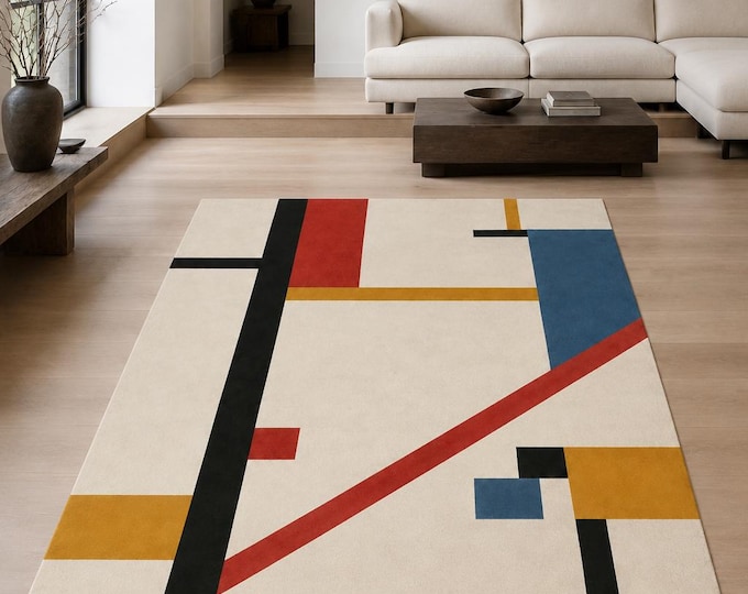 Bauhaus Geometric Area Rug, Red Blue Mustard Modern Floor Decor