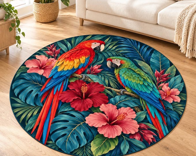 Round Parrot Rug, Tropical Bird Carpet, Colorful Macaw Art, Jungle Flower Decor, Botanical Accent