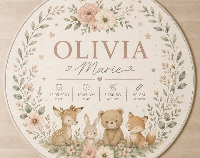 Personalized Baby Birth Announcement Round Rug: Floral Woodland Animals, Custom Details