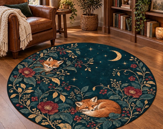 Sleeping Fox Moonlit Flowers Round Rug, Digital Print, Living Room Decor, Decorative Floor Accent