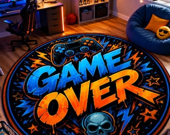 Game Over Rug, Round Floor Carpet, Video Play Decor, Controller Design, Teen Bedroom Gift
