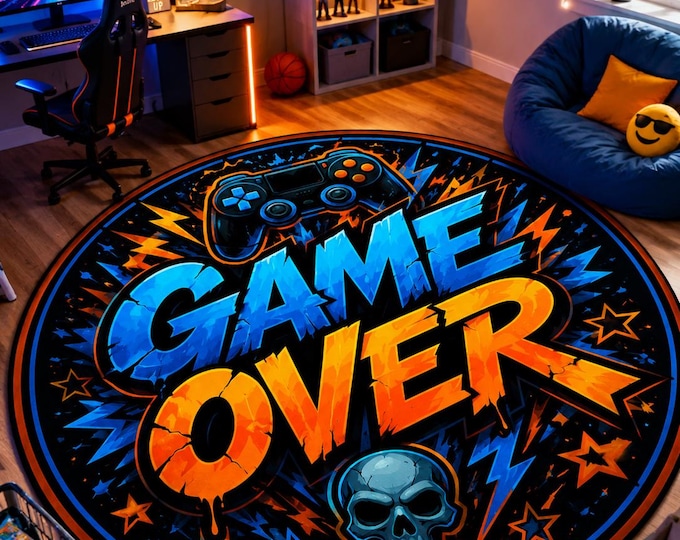 Game Over Rug, Round Floor Carpet, Video Play Decor, Controller Design, Teen Bedroom Gift