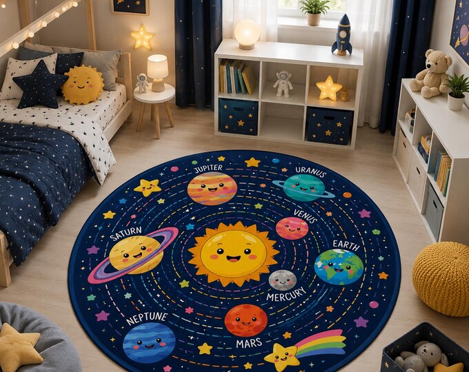Round Solar System Rug, Kids Space Planets Playroom Carpet, Astronaut Nursery Decor